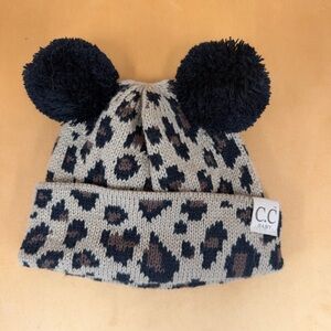 C.C Kids Leopard Double Pom Beanie - Tan, Black & Brown